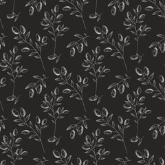Red Rosehips with flowers and berries seamless pattern for tea. Black and white Graphic drawing, engraving style. hand drawn illustration on black background
