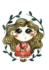 watercolor illustration of a cute girl with big eyes in a pink dress. strong character. children's book illustration. logo for baby products. hand drawing on white background for printing