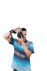 man with a professional DSLR camera, showing thumbs up, checking  photos, showing the camera, operating the camera, with a blank white plate