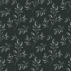 Red Rosehips with flowers and berries seamless pattern for tea. Black and white Graphic drawing, engraving style. hand drawn illustration on black background