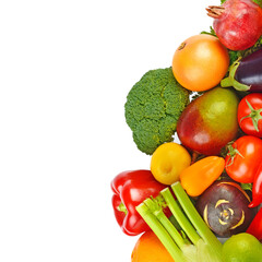 fruits and vegetables isolated on white background. Free space for text.