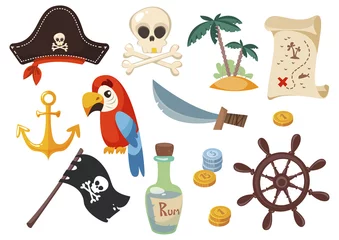 Muurstickers Piraten schattige piratenset, objectencollectie, vectorillustratie, plat ontwerp