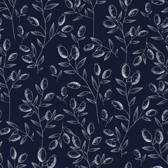 Red Rosehips with flowers and berries seamless pattern for tea. Black and white Graphic drawing, engraving style. hand drawn illustration on black background