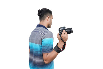 man with a professional DSLR camera, showing thumbs up, checking  photos, showing the camera, operating the camera, with a blank white plate