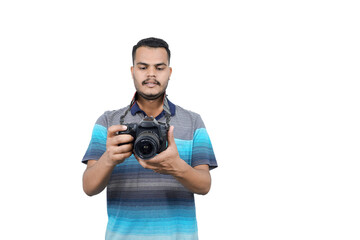 man with a professional DSLR camera, showing thumbs up, checking  photos, showing the camera, operating the camera, with a blank white plate