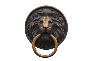Metal decorative head of a lion with a ring in the teeth. Isolated on white background.