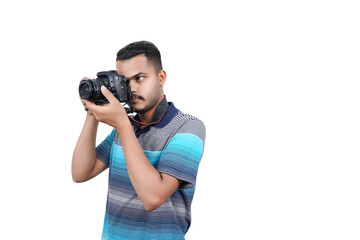 man with a professional DSLR camera, showing thumbs up, checking  photos, showing the camera, operating the camera, with a blank white plate