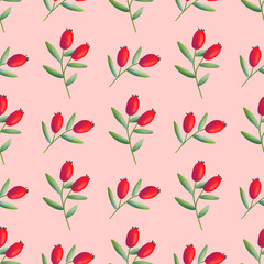 Red Rosehips with flowers and berries seamless pattern for tea. Black and white Graphic drawing, engraving style. hand drawn illustration on pink background