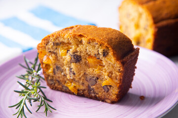 Vegan whole grain orange sponge cake with sugar glaze
