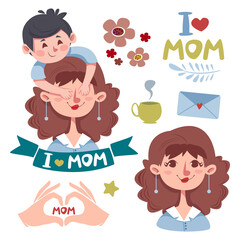 Set to world mother s day clipart cartoon. Baby hugs mom. Different logos on the theme of love for parents. Vector illustration in cartoon style.