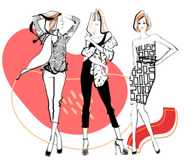 夏のモード　モノクロ柄　背景赤