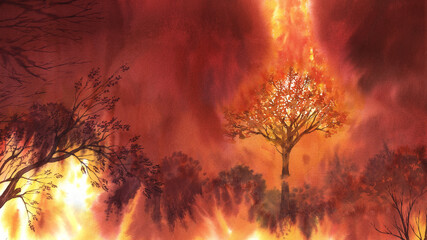 illustration of forest on fire. climate change concept background