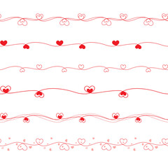 Vector borders set with wavy lines and red hearts isolated on white background. Can be used for valentine's day, wedding, or birthday greetings.