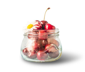 Fresh cherries in jar, sweet eating, isolated on a white background