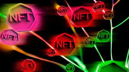 NFT non fungible tokens, crypto art on colorful abstract background. trade for unique collectibles in games or art. 3d render of NFT crypto art collectibles concept illustration. Bubble or rally.