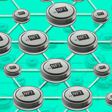 NFT non fungible tokens, crypto art on colorful abstract background. trade for unique collectibles in games or art. 3d render of NFT crypto art collectibles concept illustration. Bubble or rally.