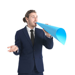 Fototapeta premium Young businessman with creative megaphone on white background