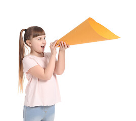 Little girl with creative megaphone on white background