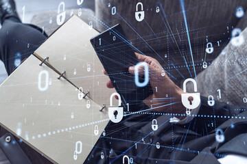 A programmer is browsing the Internet in smart phone to protect a cyber security from hacker...