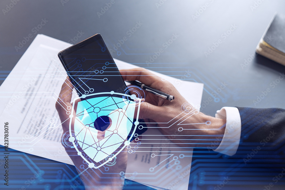 Poster a businessman in formal wear reading the contract to prevent probability of risks in cyber security 