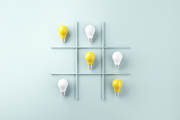 Creativity concepts ideas with light bulb on ox or tic tac toe game. 3d render. - obrazy, fototapety, plakaty