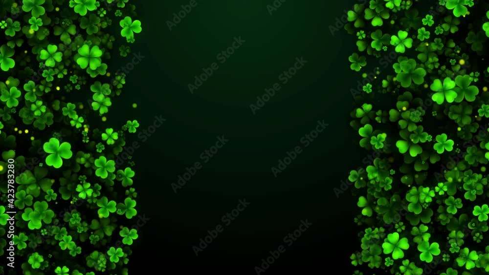 Poster abstract green shiny dark three and four leaf clovers flying up and glitter dust texture on left and