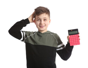 Little boy with calculator on white background