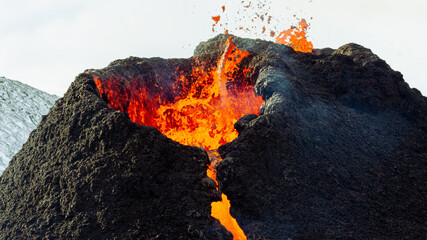 GELDINGADALUR, ICELAND. Erupting Fagradalsfjall volcano, 52 km from Reykjavík. 
View of the...