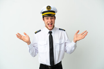 Airplane Russian pilot isolated on white background with shocked facial expression