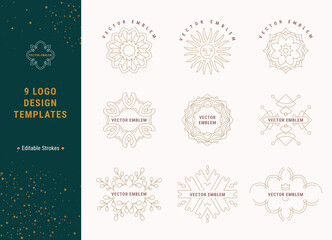 Geometric vector icons, floral modern logo concept design templates collection. Trendy linear style clip art illustrations set. Minimal geometric thin line emblems and badges with editable strokes.