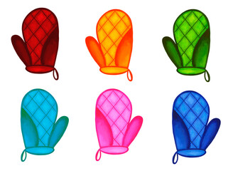 Oven mittens. Set of brightly colored kitchen utensils with decorative stitching isolated on a white background. Watercolor illustration. For the design of menus, logos, invitations.