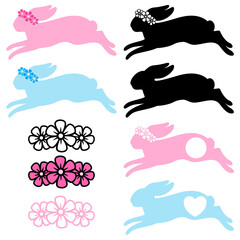 Easter Bunny. Vector silhouette. Rabbit monogram. Floral wreath. For paper,laser cutting, sublimation. Cute festive character with flowers. Holiday symbol. Isolated on white background.