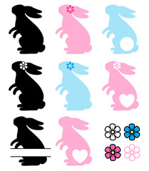 Easter Bunny. Vector silhouette. Rabbit monogram. Floral wreath. For paper,laser cutting, sublimation. Cute festive character with flowers. Holiday symbol. Isolated on white background.