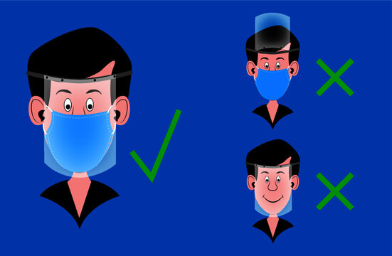 Hombre con máscara facial médica protectora con caricatura de pantalla de cara Icono de diseño isométrico ilustración vectorial. Control infeccioso y prevención del virus de la covid 19