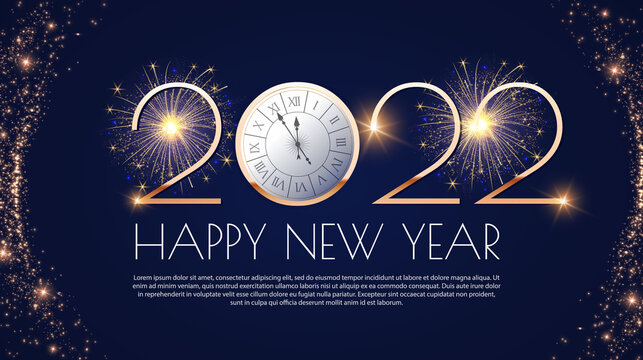 Happy new 2022 year Elegant gold text with light and clock. Minimalistic text template.