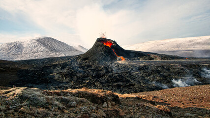 GELDINGADALUR, ICELAND. Erupting Fagradalsfjall volcano, 52 km from Reykjavík. 
View of the...