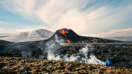 GELDINGADALUR, ICELAND. Erupting Fagradalsfjall volcano, 52 km from Reykjavík. 
View of the eruption located at the Reykjanes peninsula. 
