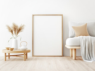 Vertical poster mockup with wooden frame standing on floor in living room interior with sofa, beige pillow, dried Pampas grass and Japandi decor on empty wall background. 3D rendering, illustration