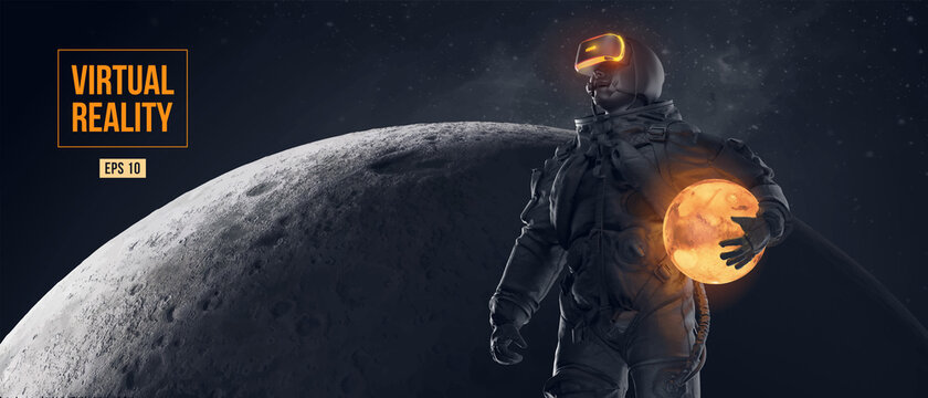 VR headset with neon light, future technology concept banner. Astronaut with virtual reality glasses on black background and Mars planet. VR games. Vector illustration. Thanks for watching