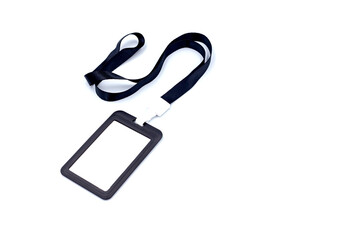 Black badge id card with black neck lanyard isolated on white background