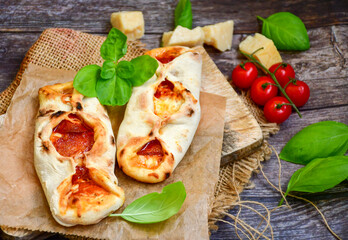 Home made italian  mini calzone  salami pizza with  tomatoes, mozzarella and parmesan cheese and fresh basil 
