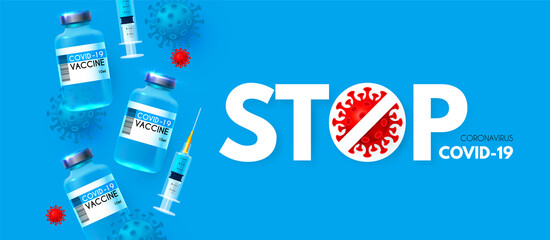 Vector coronavirus vaccine. Stop COVID-19 nCoV 2019 . Vaccine and syringe injection. Medicine infectious concept. Heath care design