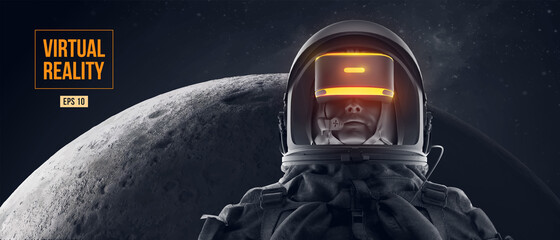 VR headset with neon light, future technology concept banner. Astronaut with virtual reality glasses on black background and Moon planet. VR games. Vector illustration. Thanks for watching © matrosovv