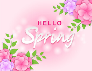 Hello spring background. paper art style flowers and tree leaves. light and shadow. Vector.