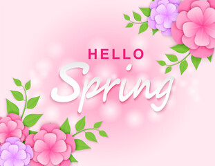 Hello spring background.  paper art style flowers and tree leaves. light and shadow. Vector.