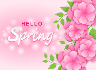 Hello spring background. paper art style flowers and tree leaves. light and shadow. Vector.