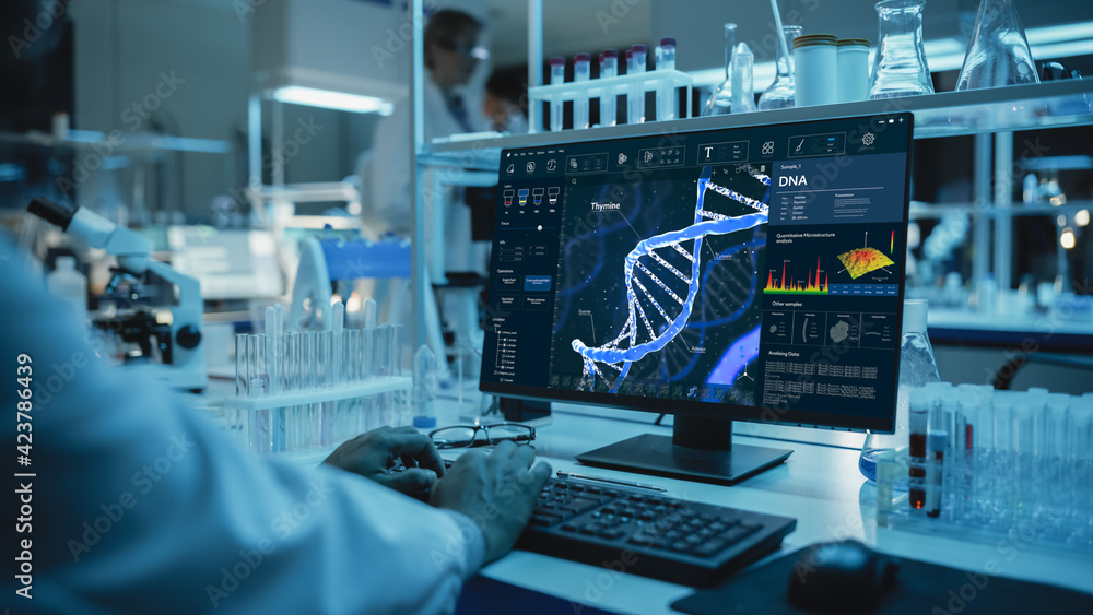 Wall mural medical research scientist working on desktop computer with gene analysis software in modern science