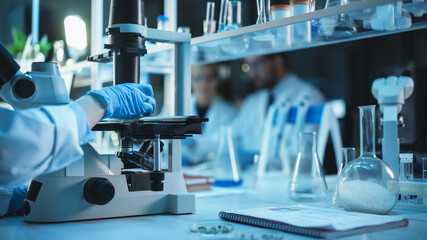 Close Up Shot of a Medical Research Scientist in Blue Gloves Conducting Biological Experiments...