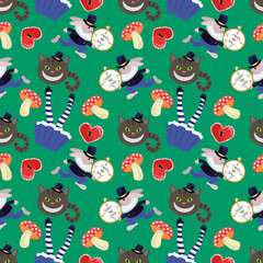 Alice in Wonderland seamless pattern with rabbit, Alice, cheshire cat, hearts and amanitas.