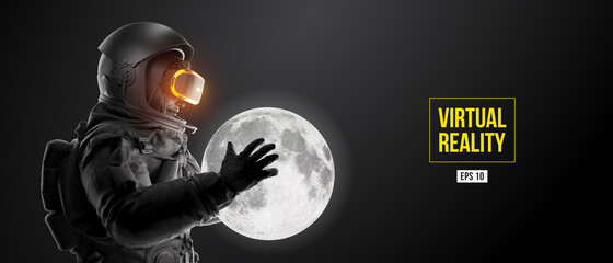 VR headset with neon light, future technology concept banner. Astronaut with virtual reality glasses on black background and Moon planet. VR games. Vector illustration. Thanks for watching - obrazy, fototapety, plakaty